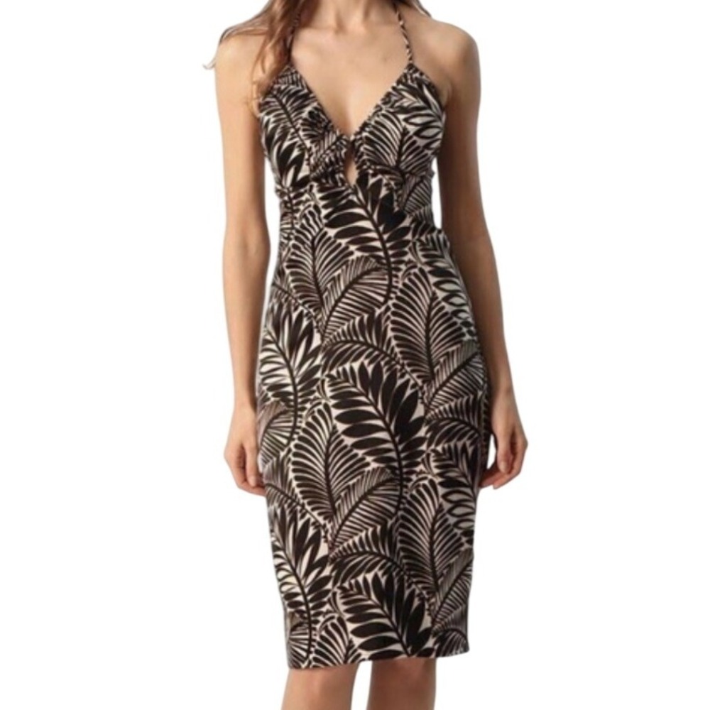 Christian Lacroix Dress‎ Womens L Large Black White Leaf Halter Tie Sleeveless